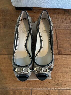 Coach Brown and Black Signature Canvas Peep-Toe Heels